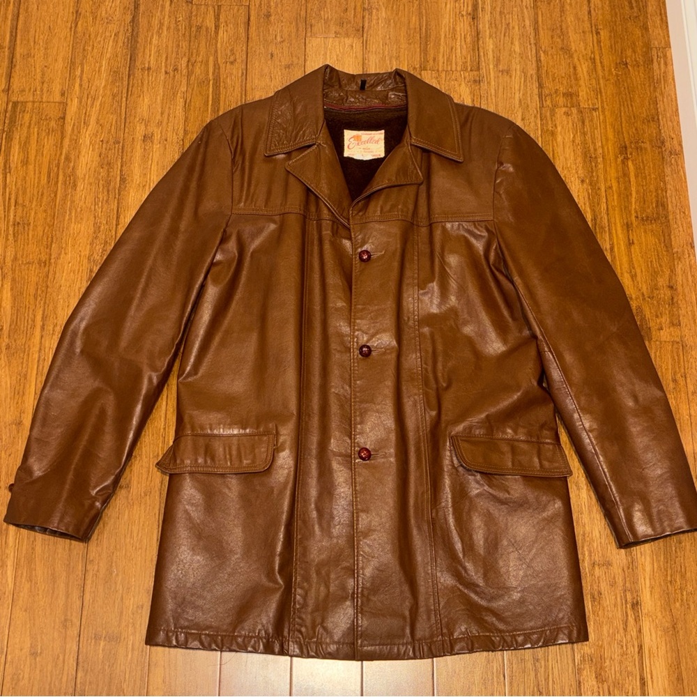 Vintage Men’s 42L 70’s Cognac Brown Leather Button-Down Coat w/ Removable Liner